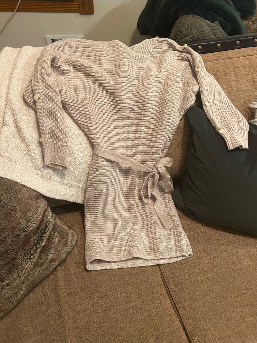 SHEIN Beige Ribbed Long Sleeve Knit Dress with Belt